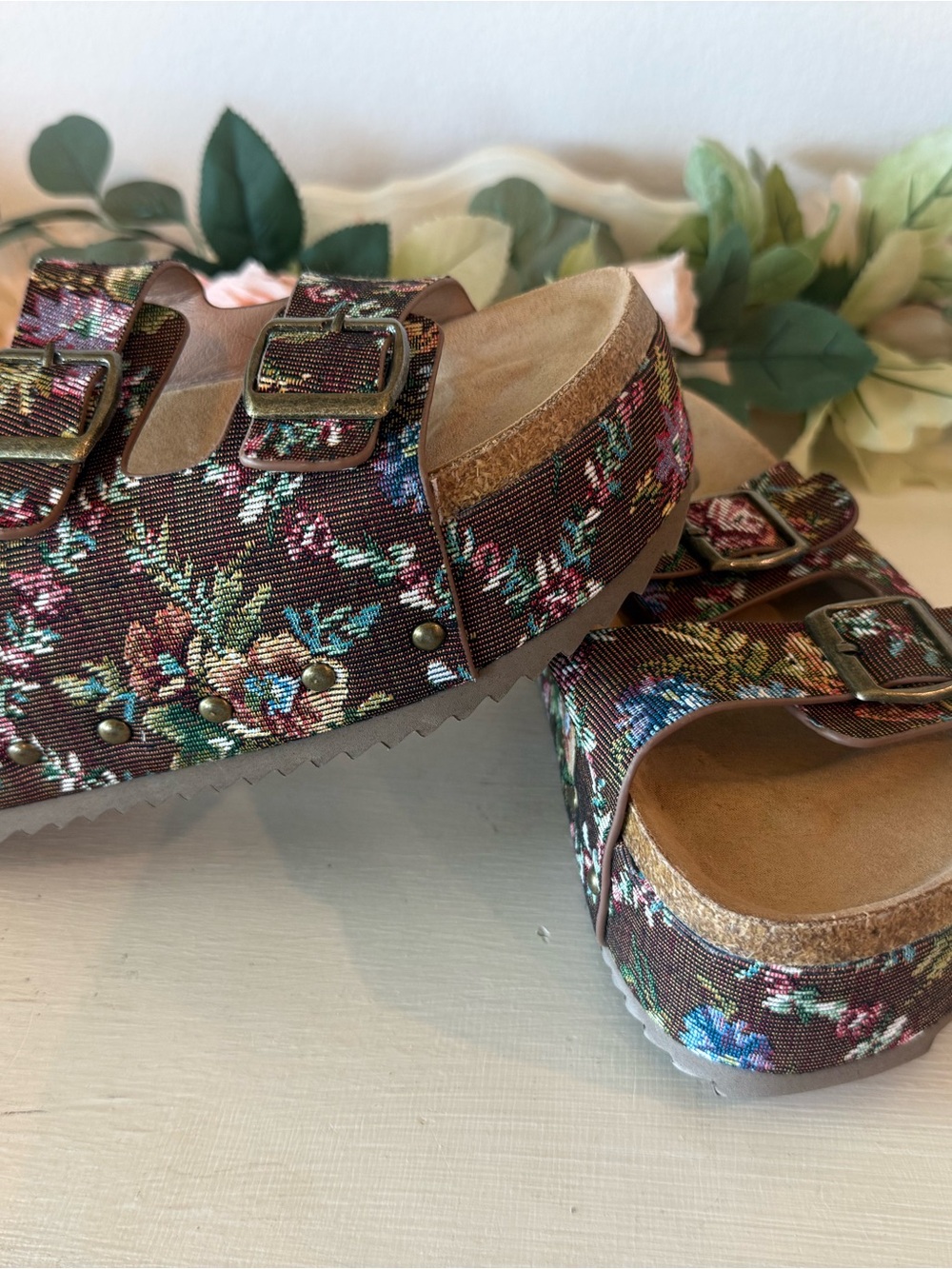 Corkys Brown Floral Double-Strap Slide Sandals - Picture 2 of 4